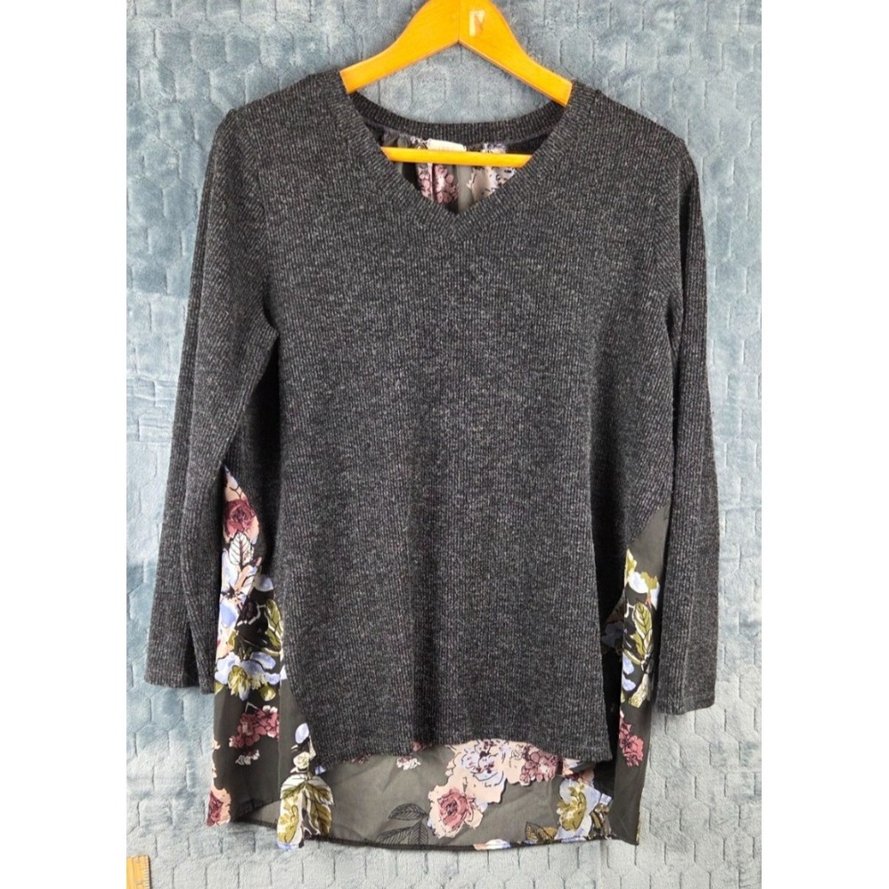 Oddy Womens Tunic Top 2XL Gray Floral Contrast Long Sleeve Pullover Runs‎ Small